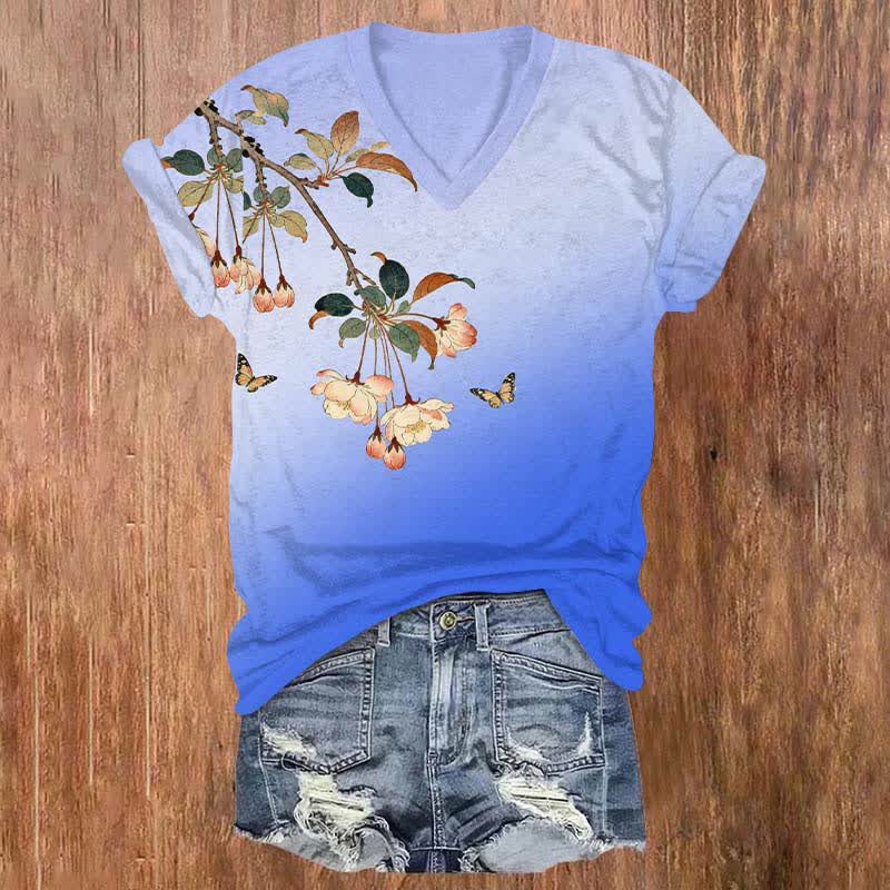 Japanese Vintage Ombre Peach Blossom Art Print V-neck T-shirt - Blue - US32-34(5XL) - image 5