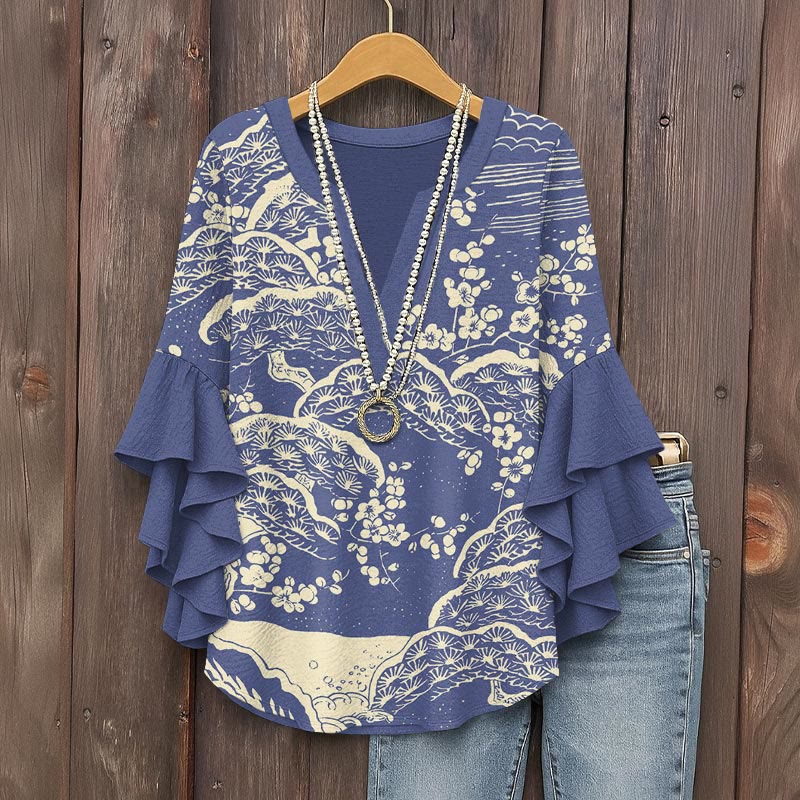 Women's Japanese Art Plum Blossom Art Print V-neck Half Sleeve Blouse - Blue - 5XL - image 4