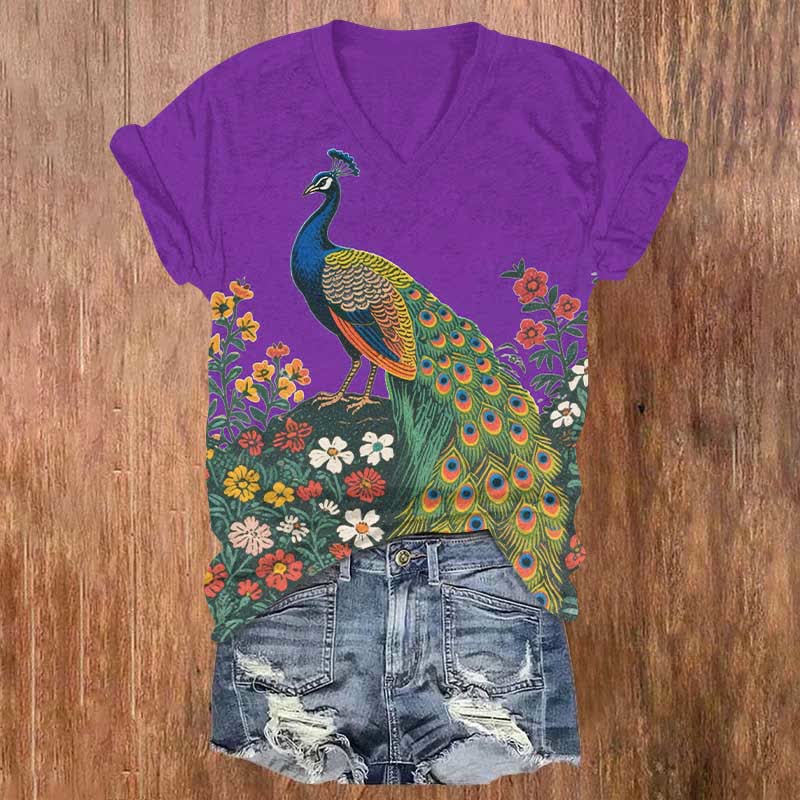 Peacock And Flowers Art Print V-neck T-shirt - Purple - US32-34(5XL) - image 5