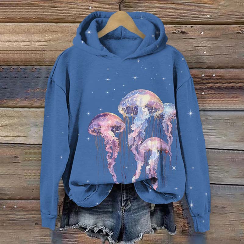 Vintage Starry Fantasy Glowing Jellyfish Print Long Sleeve Hoodie - Blue - US44-46(8XL) - image 2