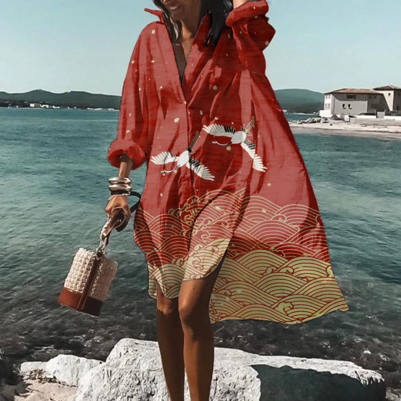 Vacation Japanese Art Waves Print Shirt Dress
