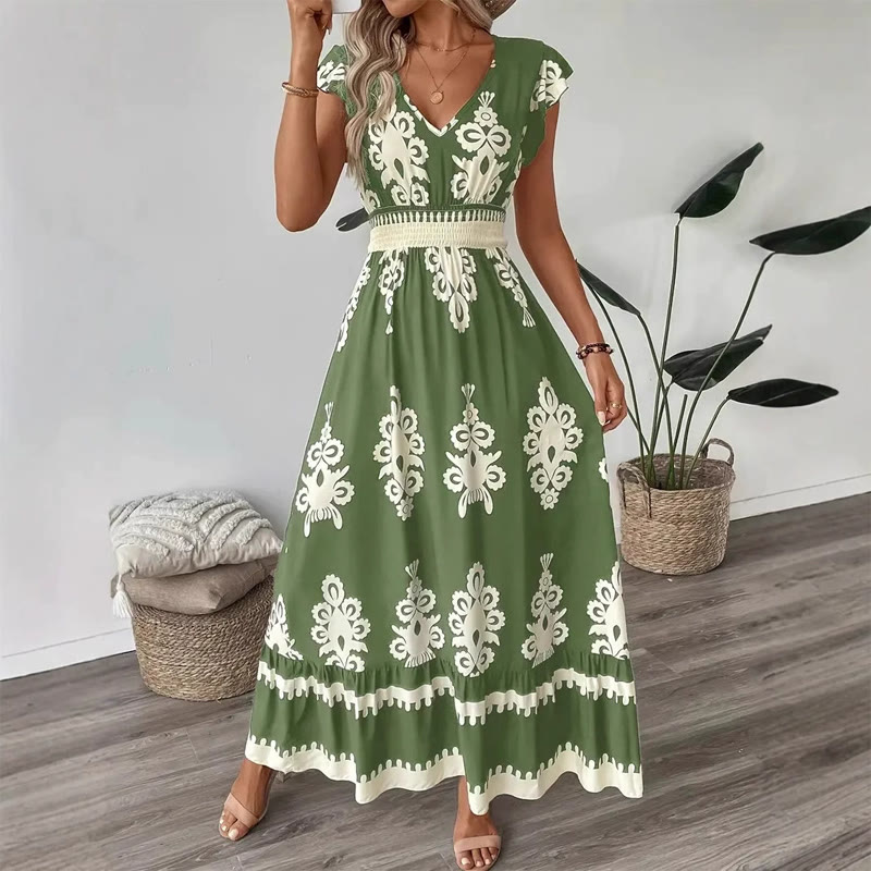 Boho Beach Ethnic Print V Neck Cap Sleeve Maxi Dress - Green - 2XL - image 6