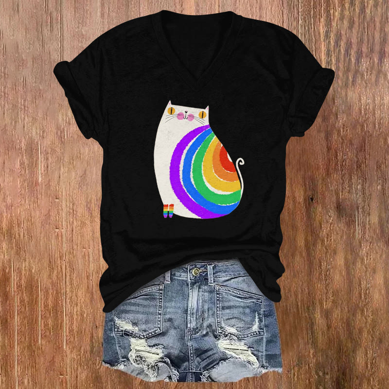 Ugly Rainbow Cat Print V-neck Short Sleeve T-shirt - Black - US32-34(5XL) - image 2