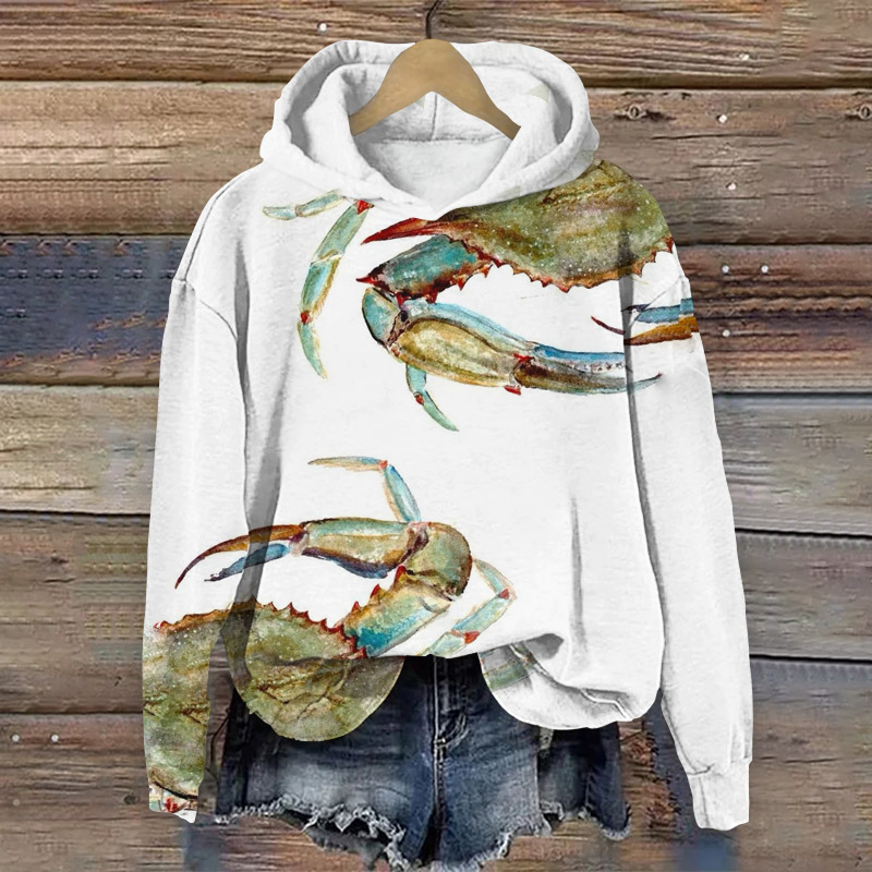 Oil Painting Crab Print Long Sleeve Hoodie - White - 8XL - image 1