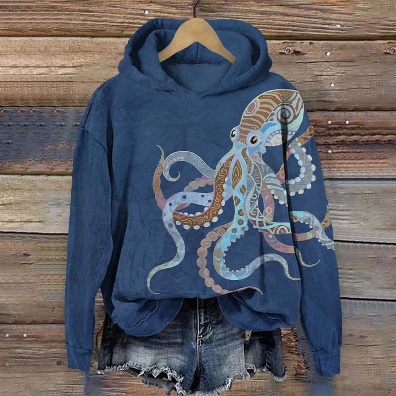 Vintage Ethnic Pattern Octopus Print Long Sleeve Hoodie - Blue - US44-46(8XL) - image 2