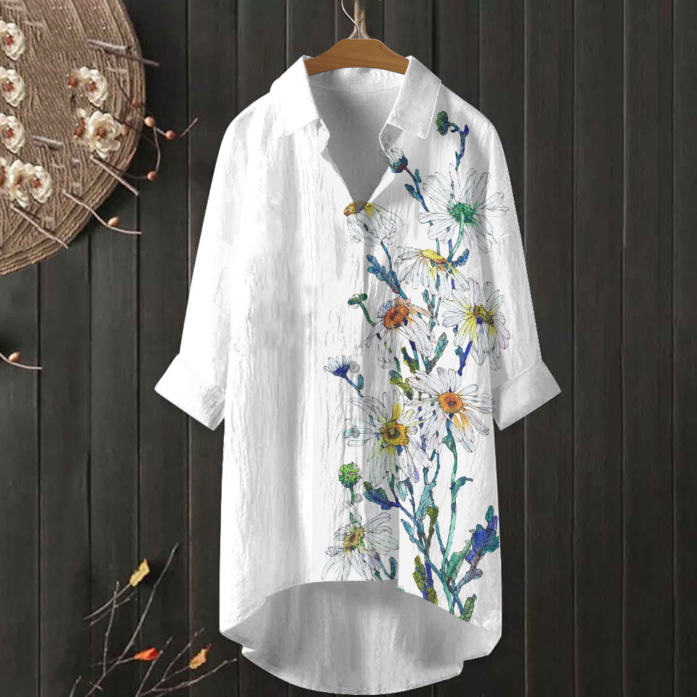 Watercolor Daisy Print Casual Shirt 