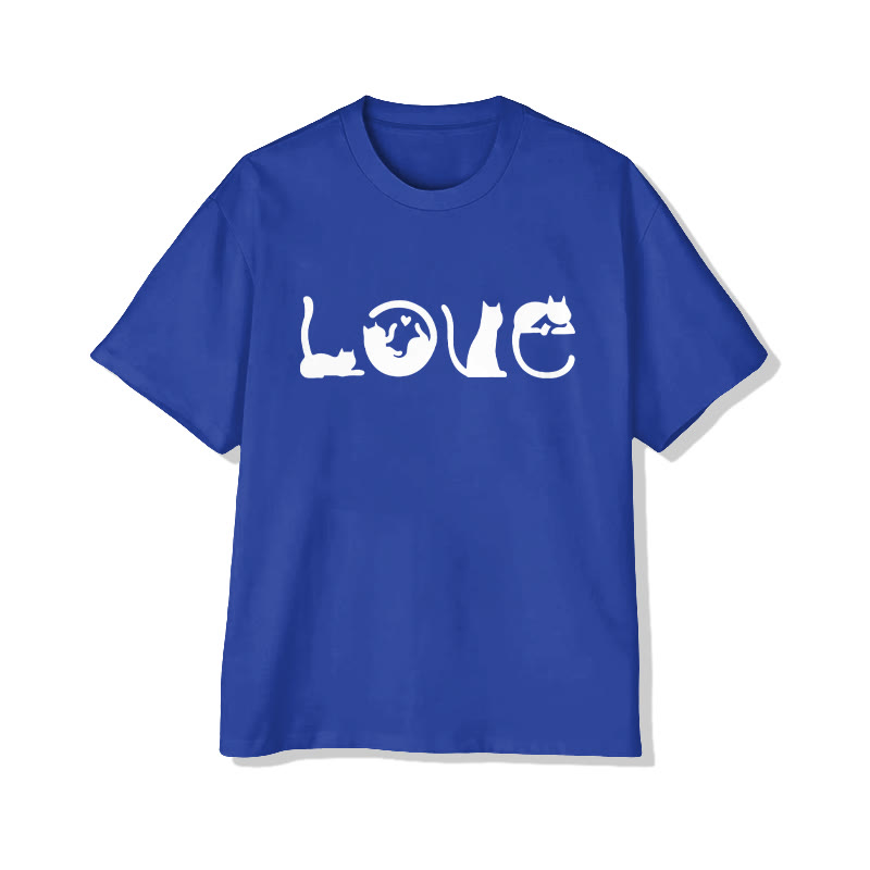 Unisex LOVE Letter Cat Print Short Sleeved Crew Neck T-shirt - Blue - 2XL - image 6