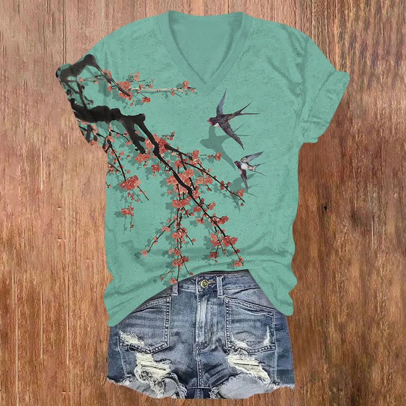 Vintage Japanese Sakura & Swallow Art Print V-neck T-shirt - Green - US32-34(5XL) - image 5