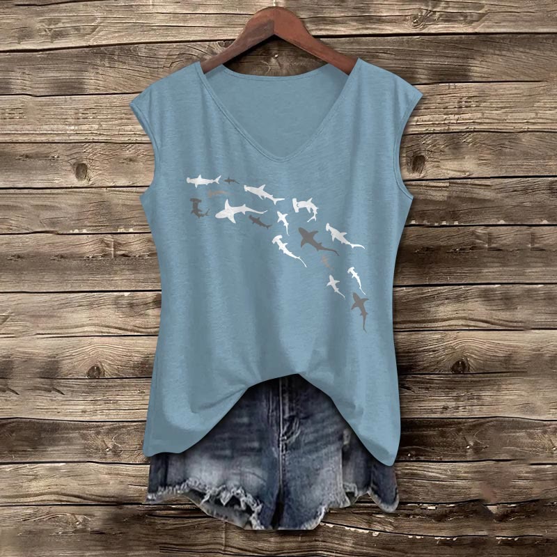 Shark Print V-neck Tank Top - Light Blue - 5XL - image 3