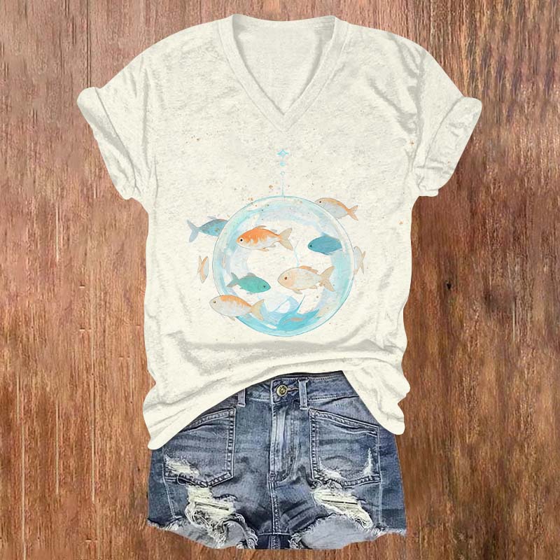 Funny Fish Swimming Around The Transparent Sphere Print V-neck T-shirt - Beige - US32-34(5XL) - image 4