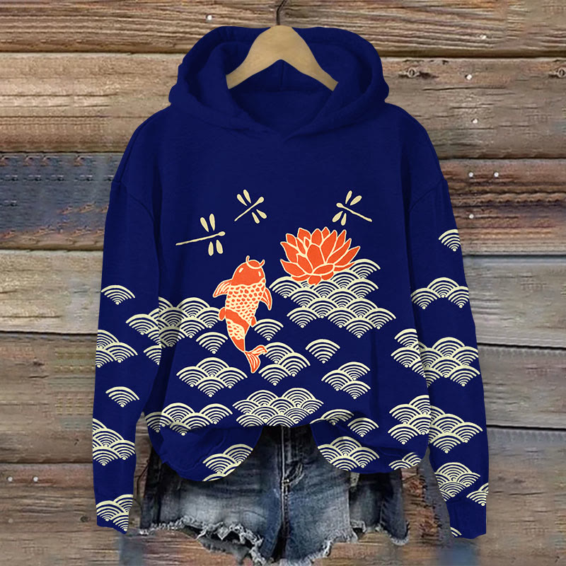 Japanese Style Koi Fish Dragonfly Wave Art Print Casual Long Sleeve Hoodie - Dark Blue - 8XL - image 3