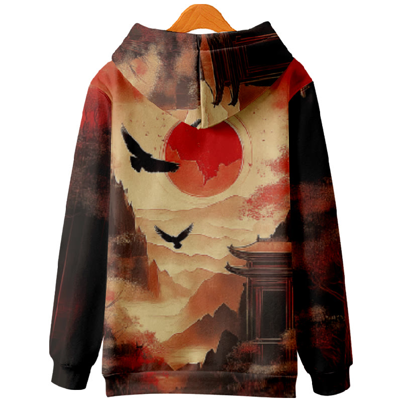 Women's Japanese Nightfall Sun ＆ Eagles Art Print Long Sleeve Hoodie - image 2