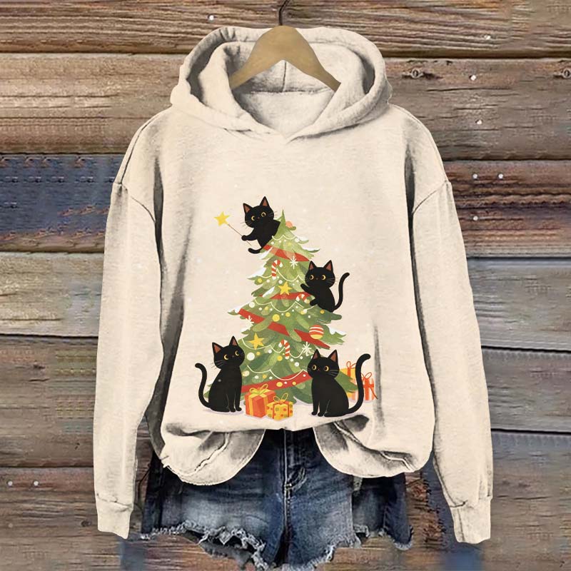 Cute Black Cats Playing Around Christmas Tree Art Print Long Sleeve Hoodie - Apricot - US44-46(8XL) - image 2