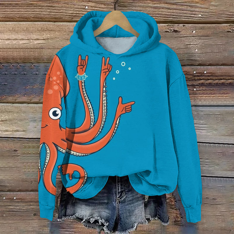 Cute Octopus Print Long Sleeve Hoodie - Blue - 8XL - image 1