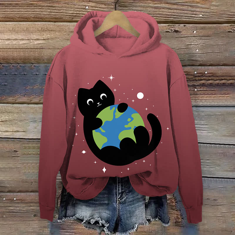 Japanese Lovely Black Cat Holding The Earth Art Print Long Sleeve Hoodie - Wine - US44-46(8XL) - image 4