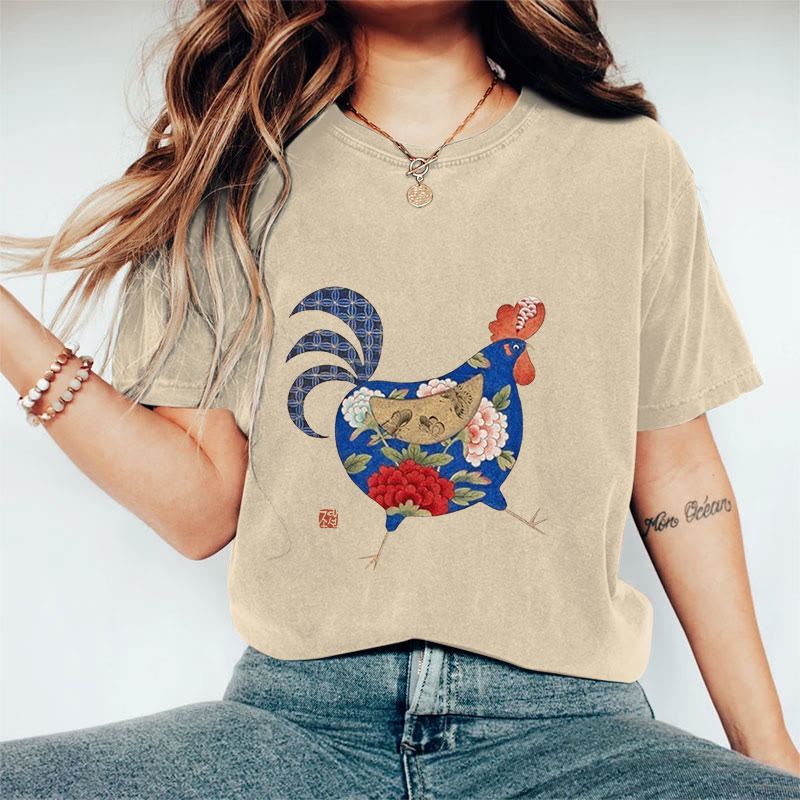 100% Cotton Creative Floral Rooster Art Print T-shirt - Apricot - US16-18(2XL) - image 2