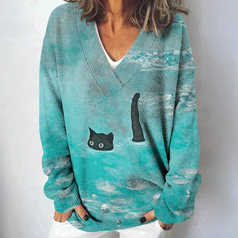 Women's Oil Painting Cat Print Causal V-neck Pullover Sweater - Light Blue - 4XL - image 2