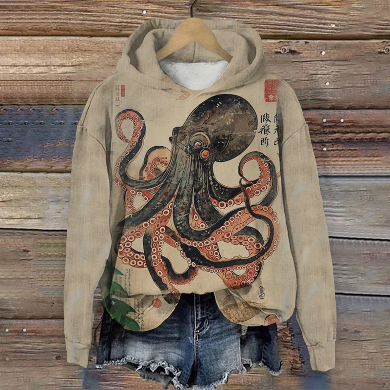 Japanese Style Octopus And Seal Text Print Long Sleeve Hoodie - Khaki - 8XL - image 1