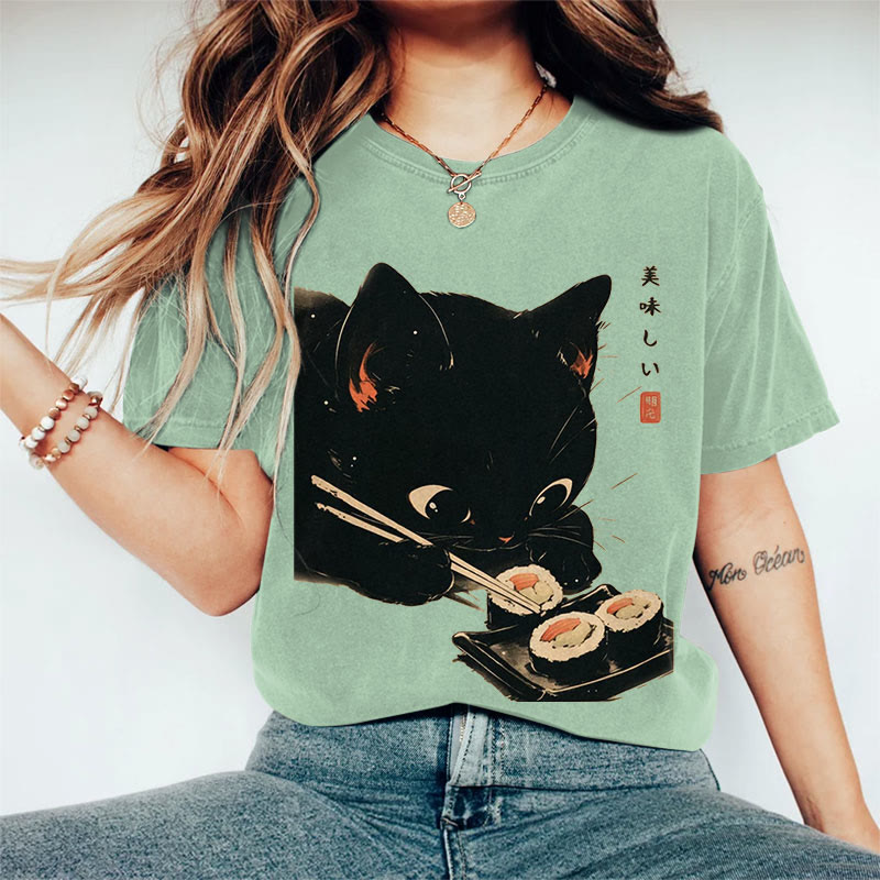 100% Cotton Japanese Black Cat Eating Sushi Art Print Casual T-shirt - Green - 2XL - image 6