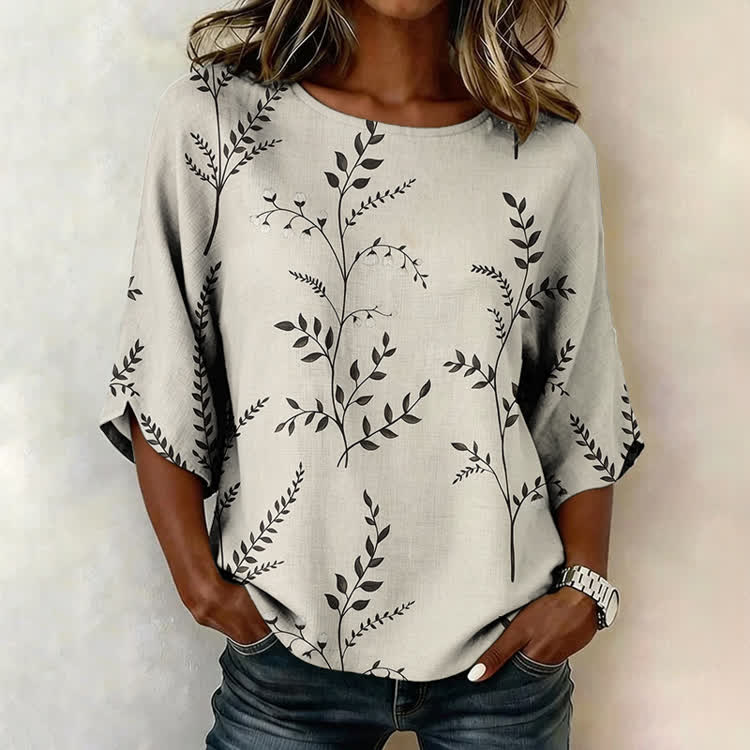 Leaf Branch Art Print Half Sleeve Casual Blouse - Black - US 28-30 (4XL) - image 3