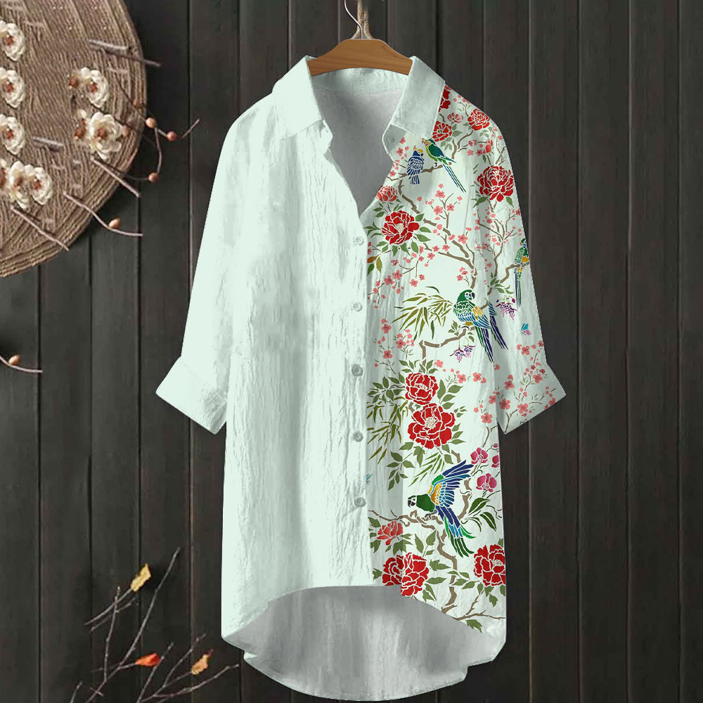 Japanese Parrot Peony Flower Print Casual Shirt 