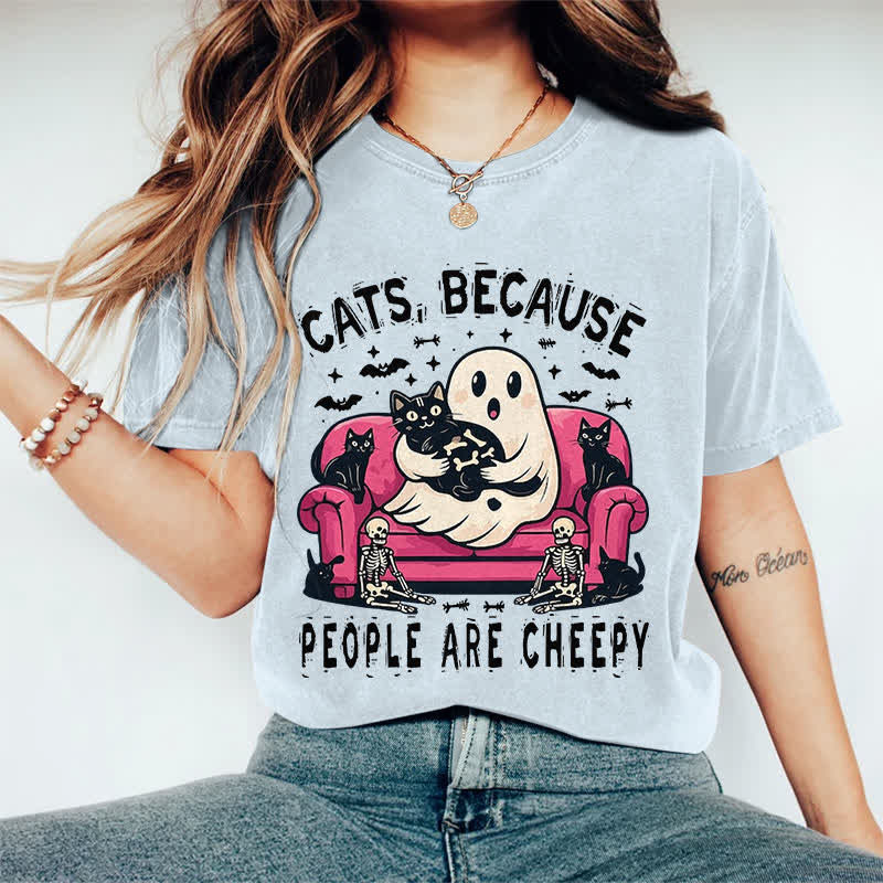 100% Cotton Halloween Ghost Holding Cat Print T-shirt - Light Blue - 2XL - image 12