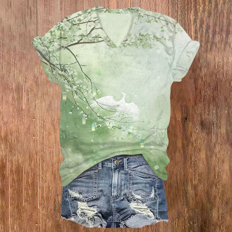 Phoenix & Flower Print v-neck T-Shirt - Green - US32-34(5XL) - image 3