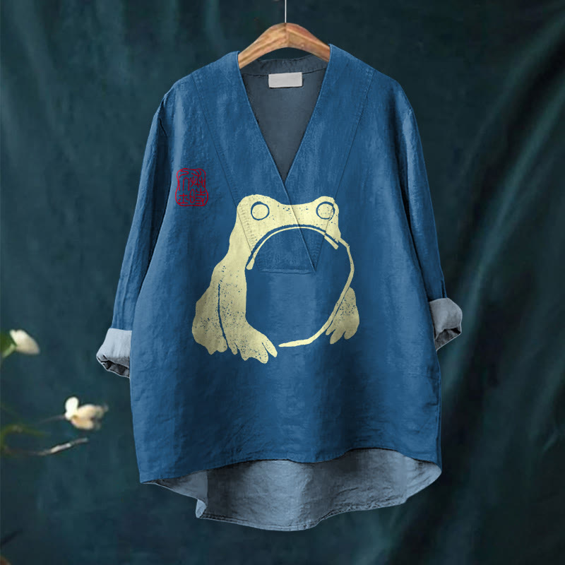 Frog Ancient Japanese Art Printed Casual V-neck Blouse - image 8
