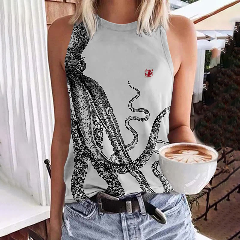 Japanese Style Octopus Print Crew Neck Tank Top - Grey - 5XL - image 4