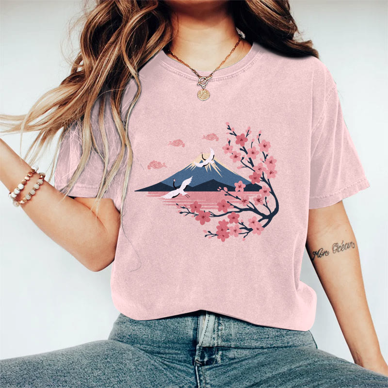 100% Cotton Women's Japanese Sakura Mount Fuji & Crane Art Print Casual T-shirt - Pink - 2XL - image 3
