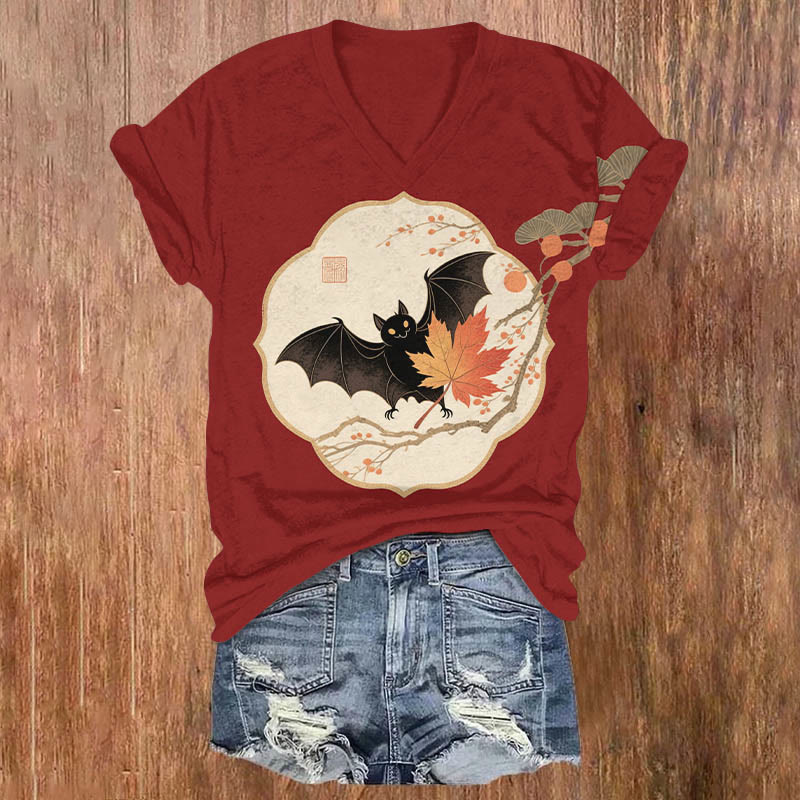 Halloween Bat On Maple Tree Branch Print V-neck T-shirt - Red - US32-34(5XL) - image 3