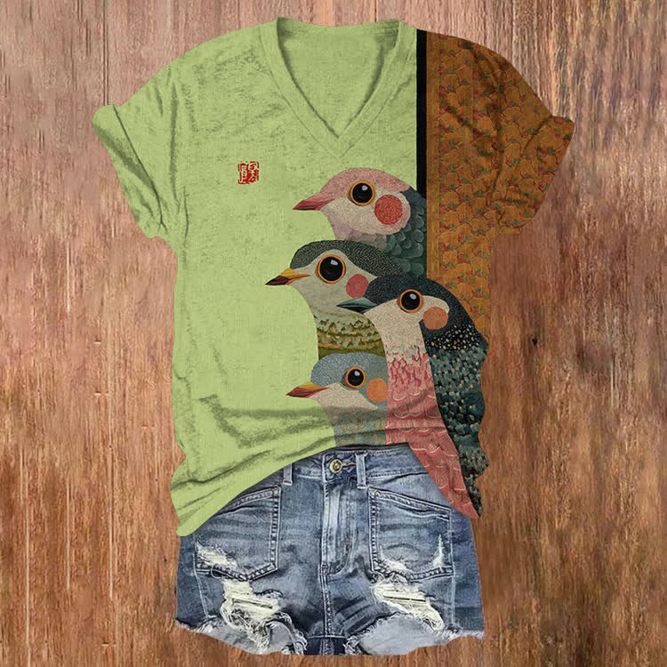 Japanese Retro Rainbow Birds Pattern Print Short Sleeved V-Neck T-Shirt - Mint - US32-34(5XL) - image 5