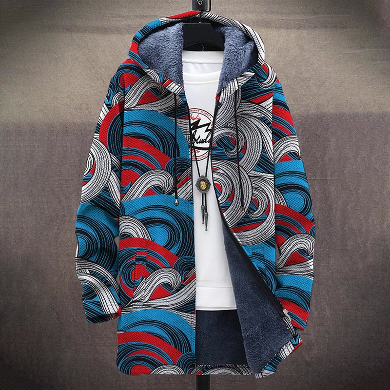Retro Abstract Art Waves Print Unisex Plush Thick Long-sleeved Fleece Jacket Coat - image 2