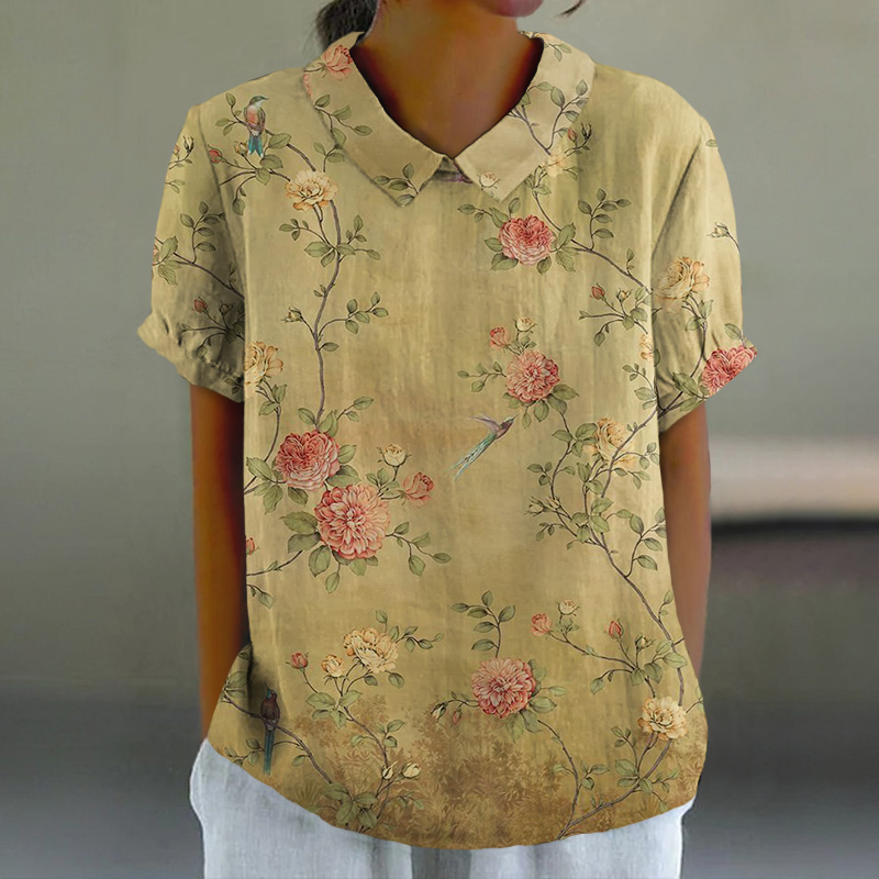 Vintage Peony Art Print Casual Lapel Loose Blouse - Yellow - 6XL - image 1