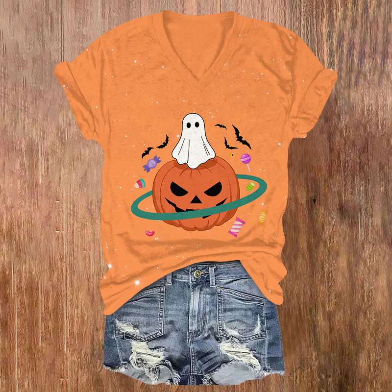 Halloween Space Pumpkin Candy Planet Ghost Print V-neck T-shirt - Orange - US32-34(5XL) - image 2