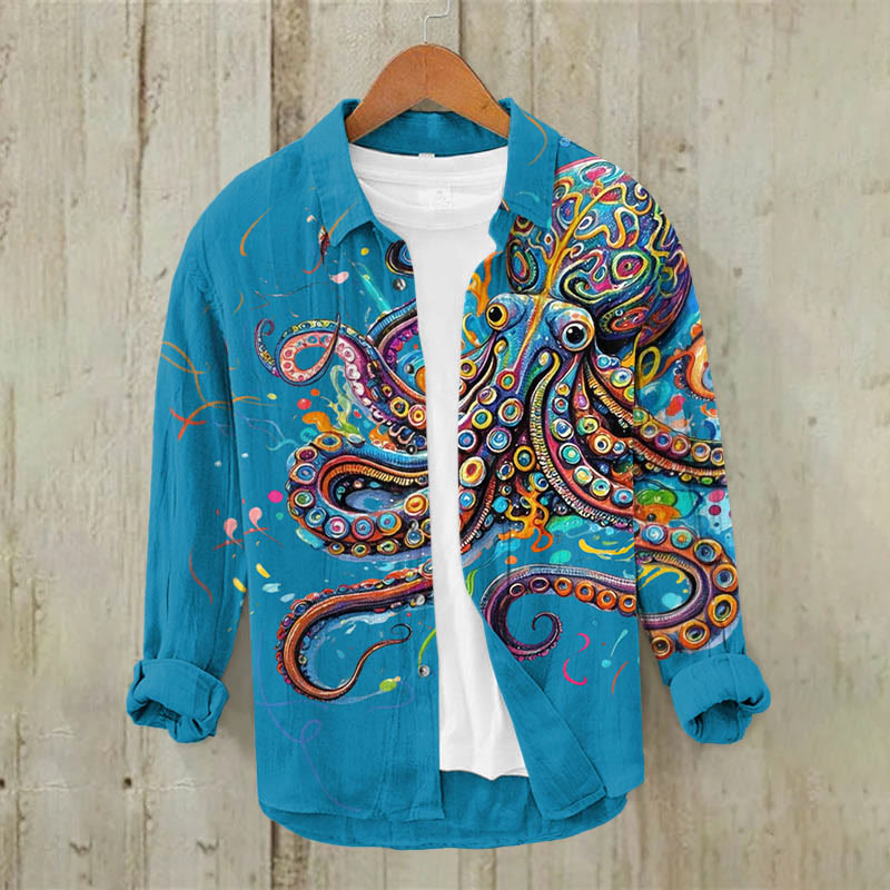 Vintage Rainbow Octopus Print Casual Long Sleeve Lapel Shirt - Lake Blue - 5XL - image 2