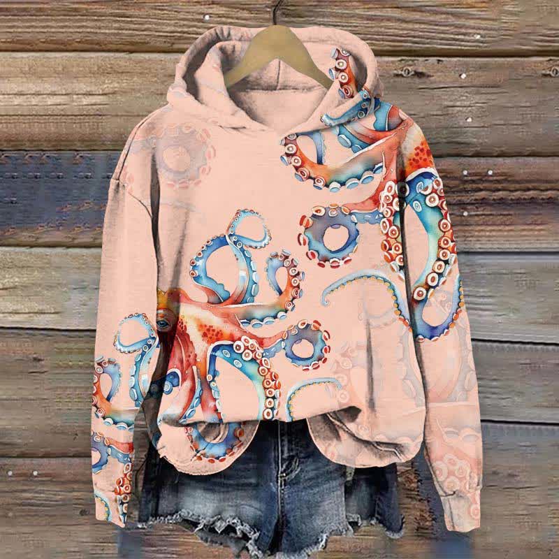Japanese Colorful Octopus Art Print Long Sleeve Hoodie - Pink - US44-46(8XL) - image 6