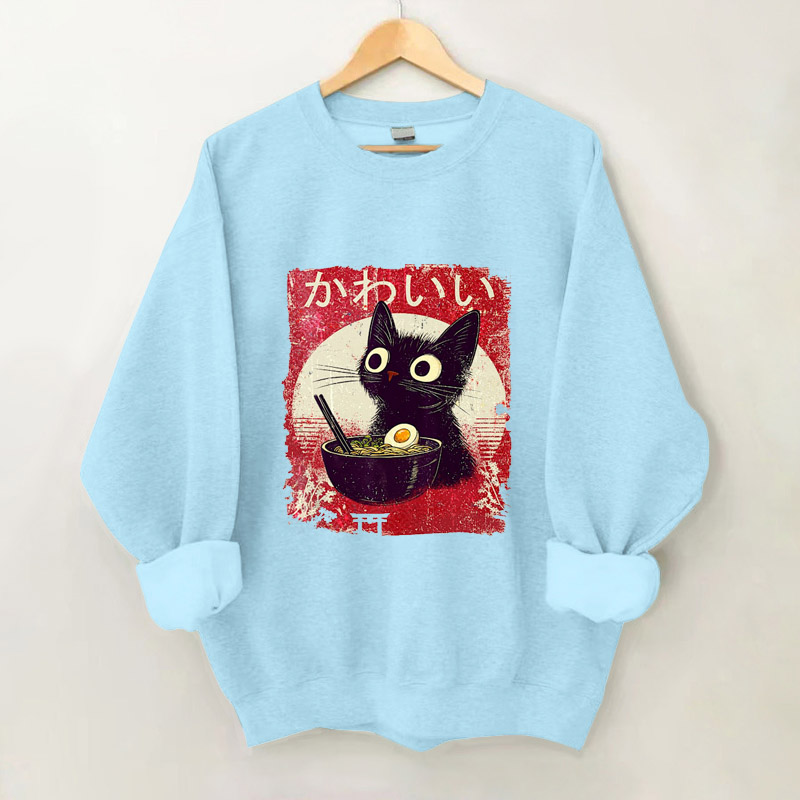 100% Cotton Japanese Cute Cat And Ramen Print Crew Neck Sweatshirt - Blue - 2XL - image 4