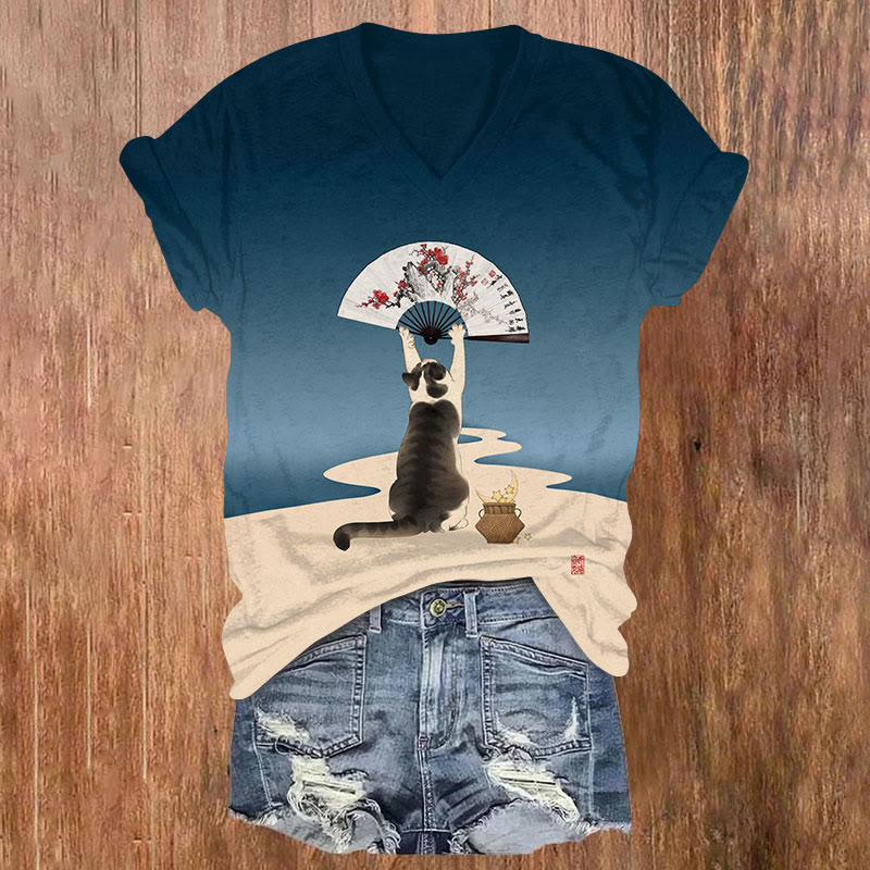 Japanese Cat Holding Floral Fan Art Print T-shirt - Blue - US32-34(5XL) - image 2