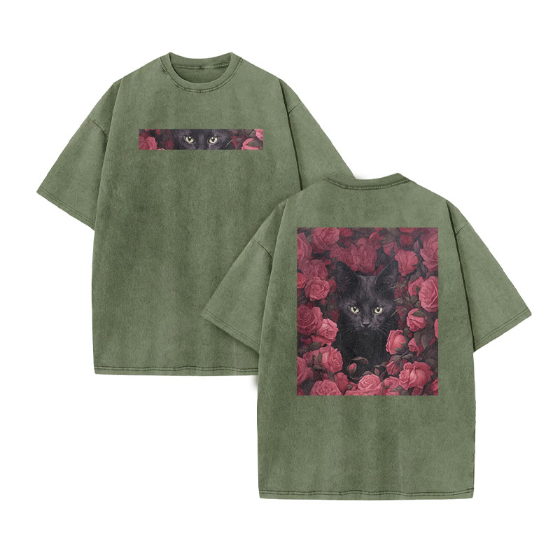 A Black Cat Hidden Among Clusters Of Magenta Roses Print Acid Washed T-shirt - Army Green - US20-22(3XL) - image 7