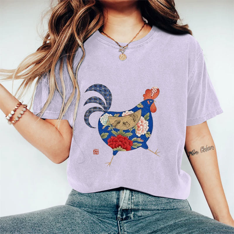 100% Cotton Creative Floral Rooster Art Print T-shirt - Purple - US16-18(2XL) - image 9