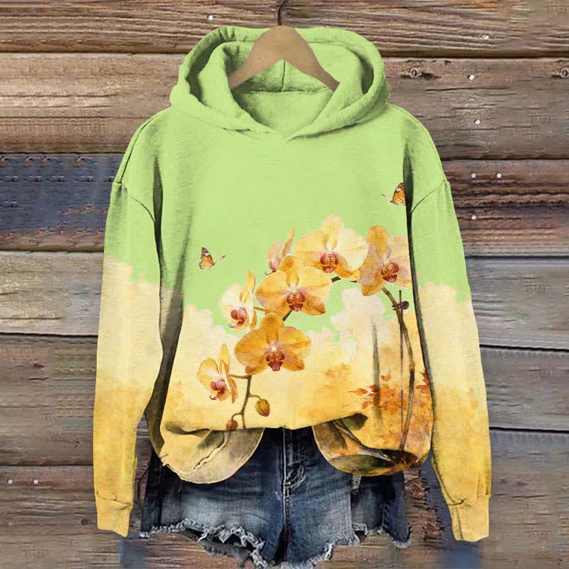 Vintage Yellow Phalaenopsis Art Print Long Sleeve Hoodie - Green - US44-46(8XL) - image 2