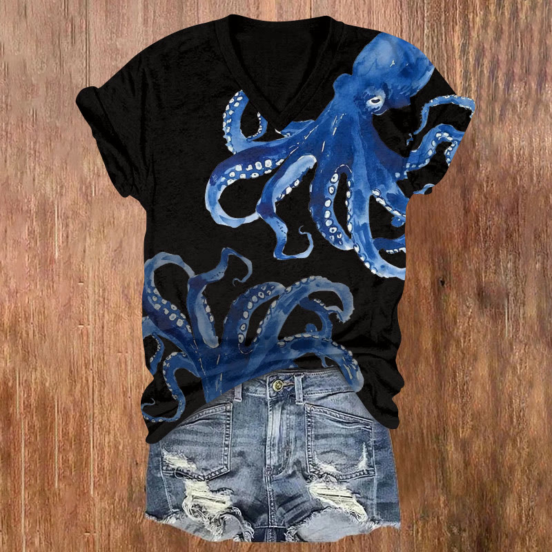 Japanese Watercolor Mini Octopus Print Short Sleeved V-neck T-shirt - Black - US32-34(5XL) - image 3