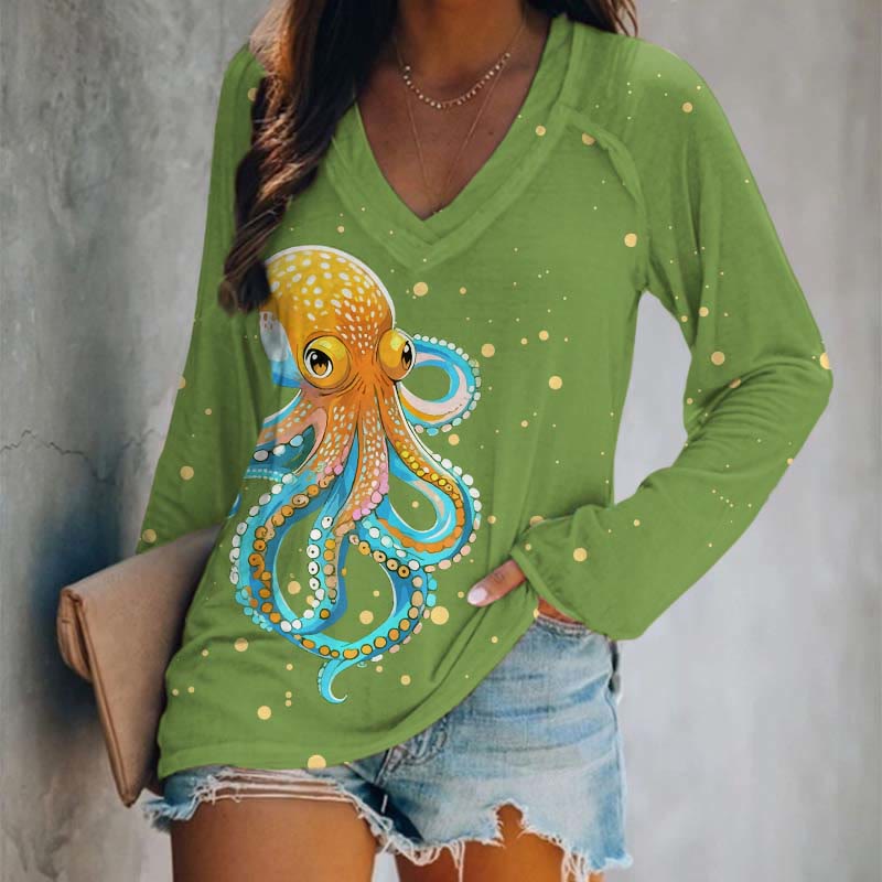 Japanese Funny Bubble Octopus Art Print Long Sleeve T-shirt - Green - 5XL - image 4