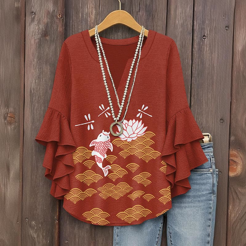 Japanese Style Koi Fish Dragonfly Wave Art Print V-neck Half Sleeve Blouse - Red - 5XL - image 6