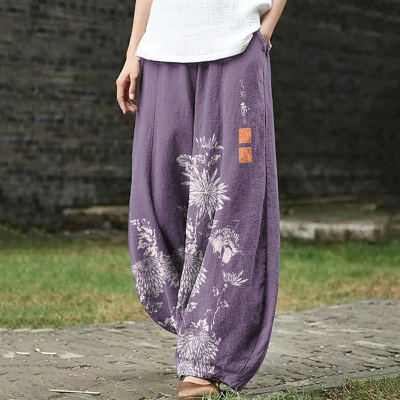 Vintage Chrysanthemum Print Casual Pants - Purple - 5XL - image 4