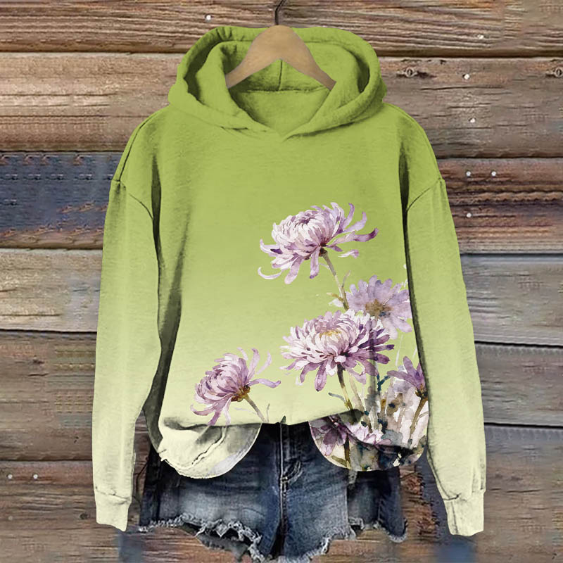 Watercolor Purple Chrysanthemum Print Long Sleeve Hoodie - Green - US44-46(8XL) - image 3