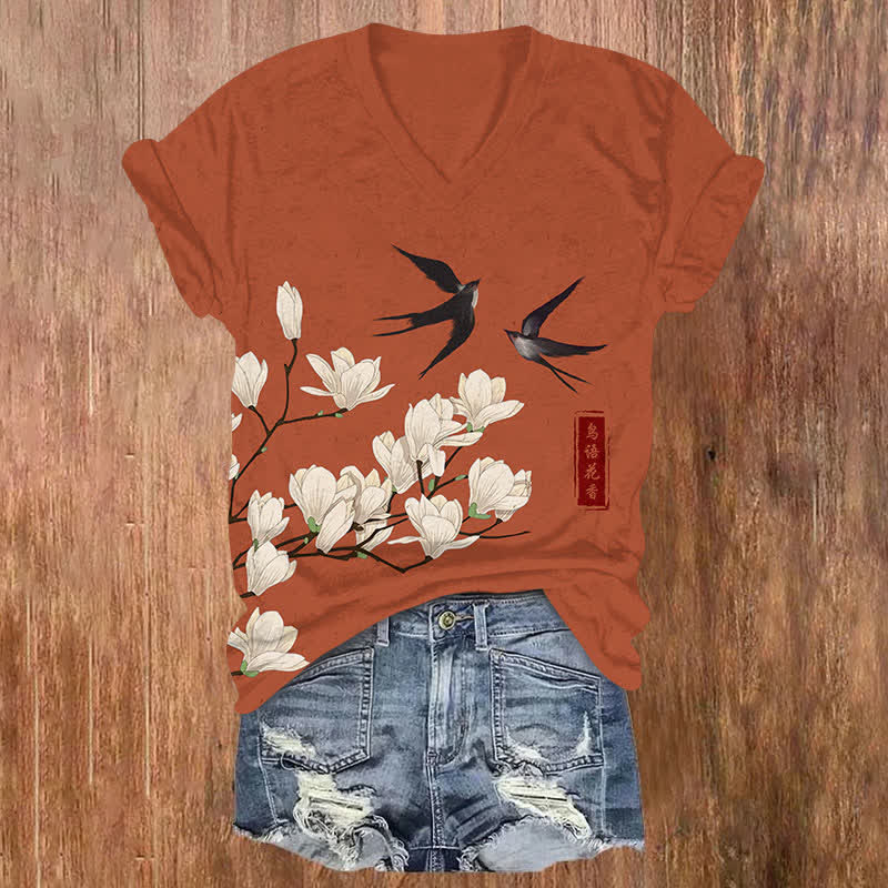 Japanese Vintage Swallow & Pear Blossom Art Print V-neck T-shirt - Orange - US32-34(5XL) - image 2
