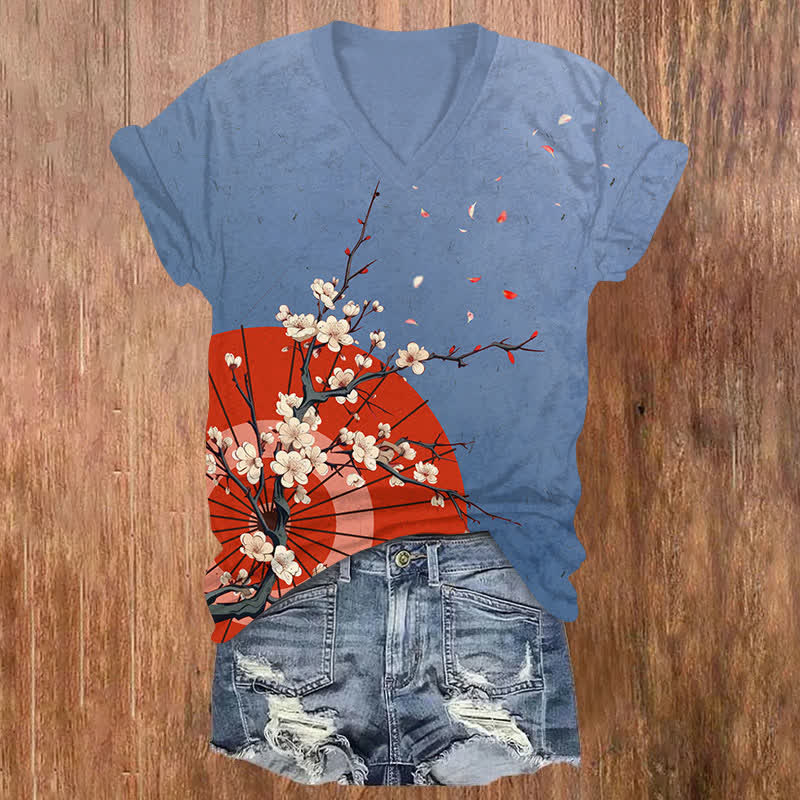 Japanese Vintage Sakura Umbrella Art Print V-neck T-shirt - Light Blue - US32-34(5XL) - image 5
