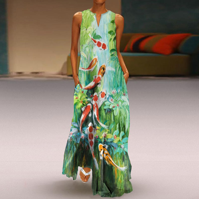 Koi Fish Oil Painting Art Print Sleeveless Maxi Dress - Green - 5XL - image 1